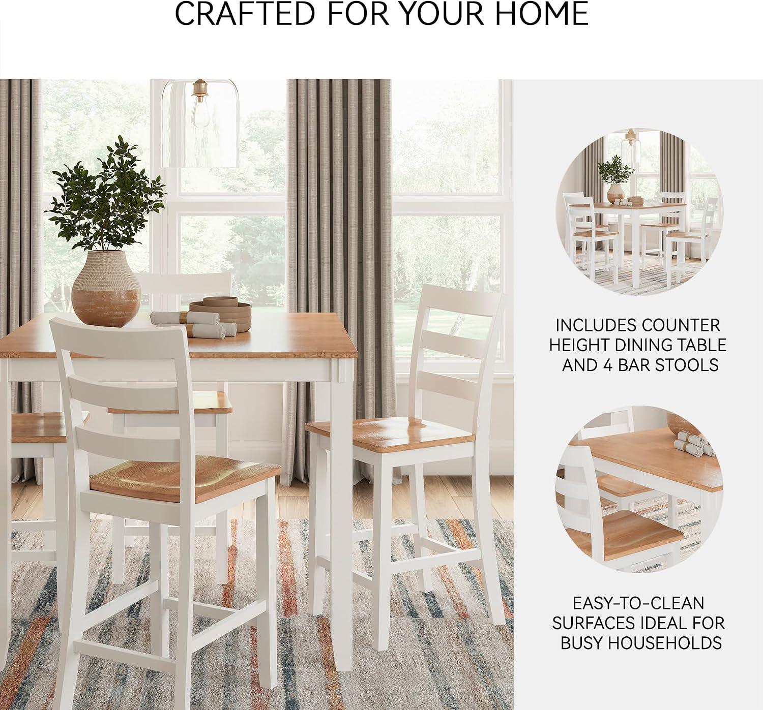 Signature Design by Ashley Gesthaven Dining Table Set, Counter Height Table with 4 Bar Stools, Butcher Block Veneer Top, Two-Tone White/Natural Mango Finish
