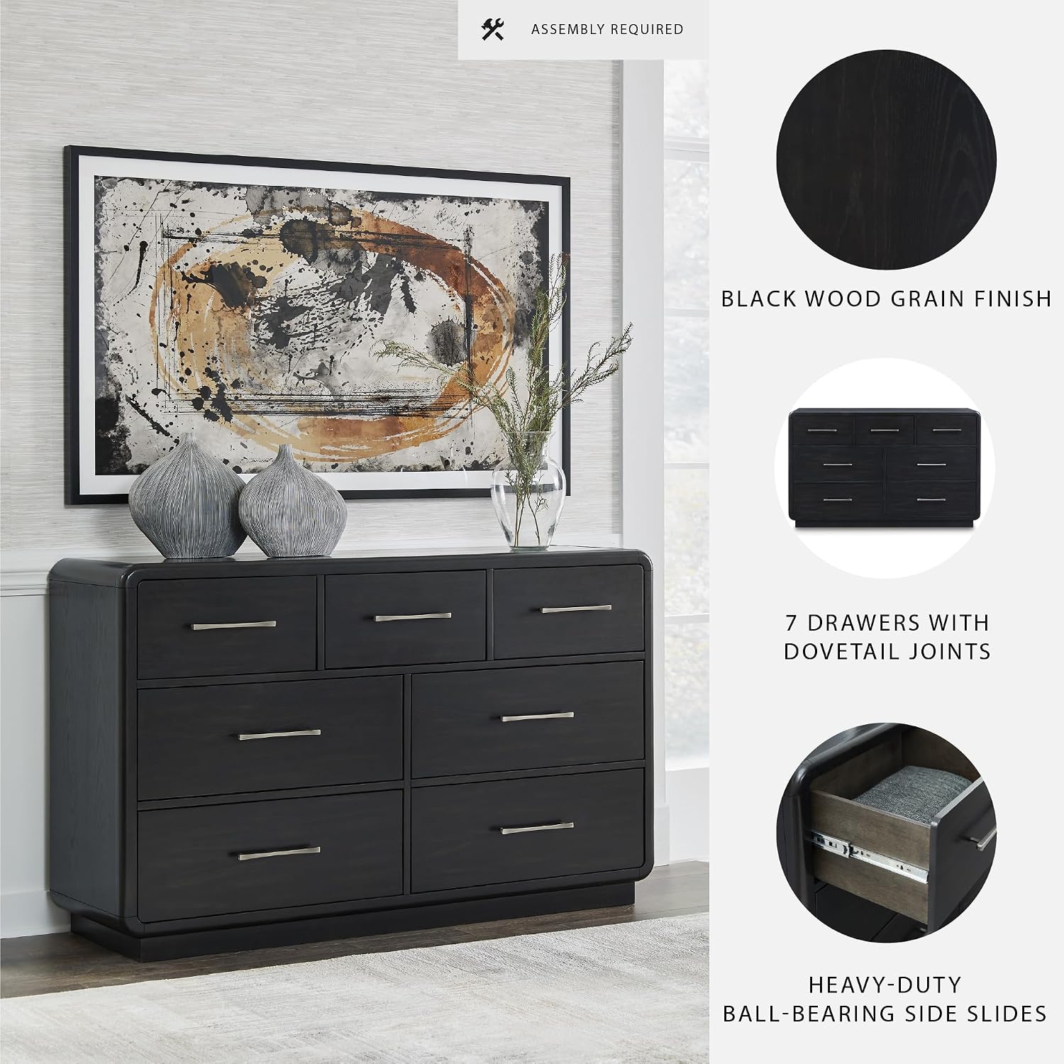 Signature Design by Ashley Rowanbeck Modern Seven-Drawer Dresser with Waterfall Edges, Nickel-Tone Hardware, Wood and Ash Veneer, Black Finish, 63.75' W