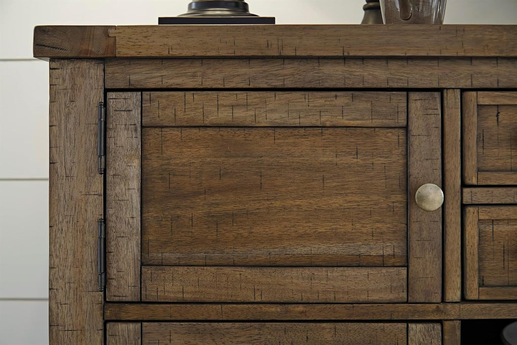 Signature Design by Ashley Moriville Vintage Casual Dining Room Buffet or Server with 4 Cabinets & Center Display Shelf, 2 Drawers, Wood, 56" Wide, Brown