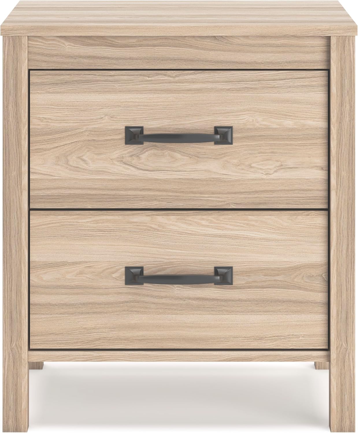 Signature Design by Ashley Battelle Mid-Century Modern Nightstand with Chevron Pattern, 2 Storage Drawers, Dark-Color Hardware, Wood, 24.5" High, Light Brown