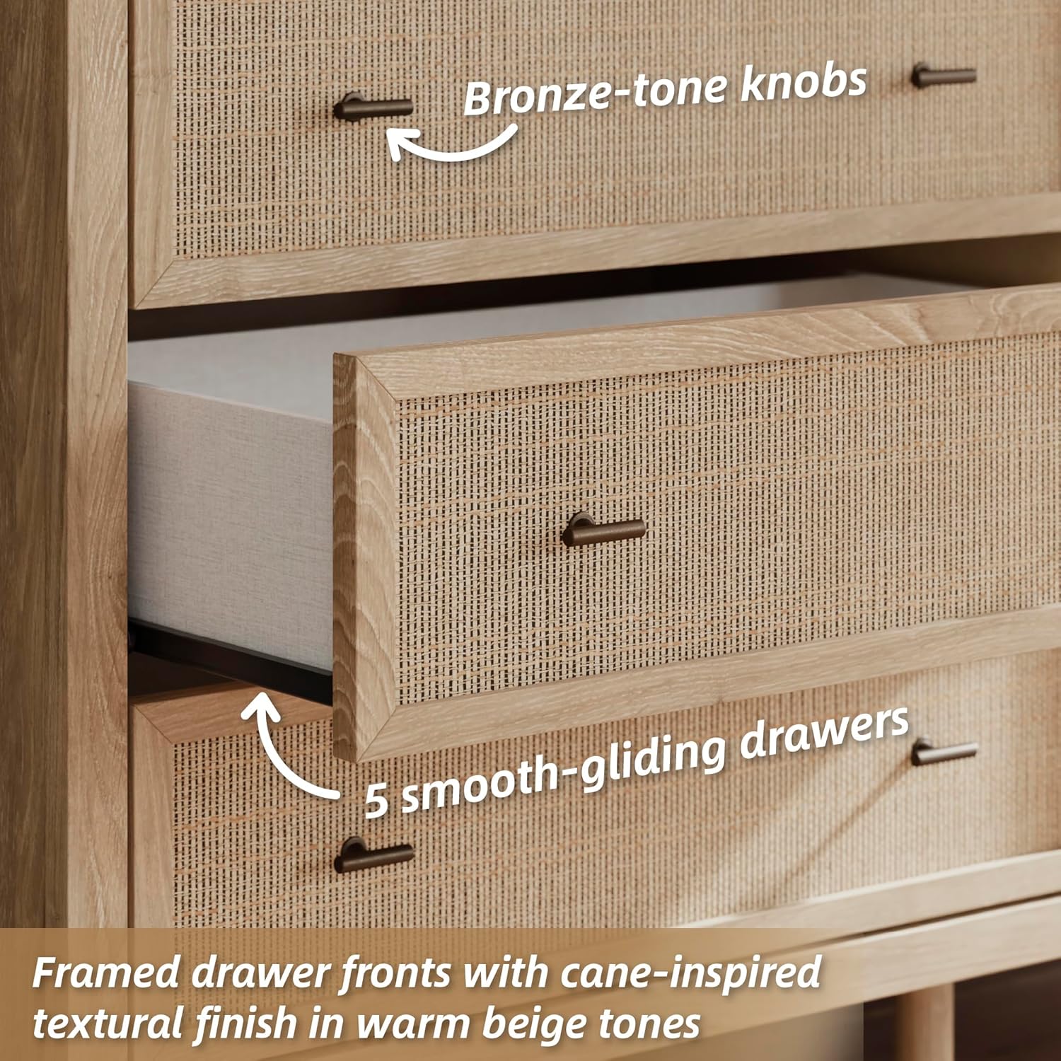 Signature Design by Ashley Cielden Contemporary Chest of Drawers with Textured Cane Details and 5 Drawers, Bronze Knobs, Wood, 52.48" High, Light Brown