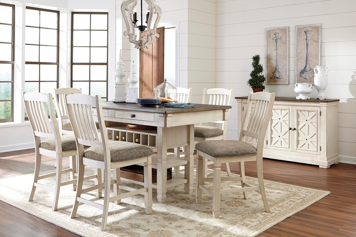 Signature Design by Ashley Bolanburg French Country Dining Room Server, 3 Doors, 2 Adjustable Shelves, Wood, 57.88" W x 18.13" D x 36" H, 2-tone White & Brown