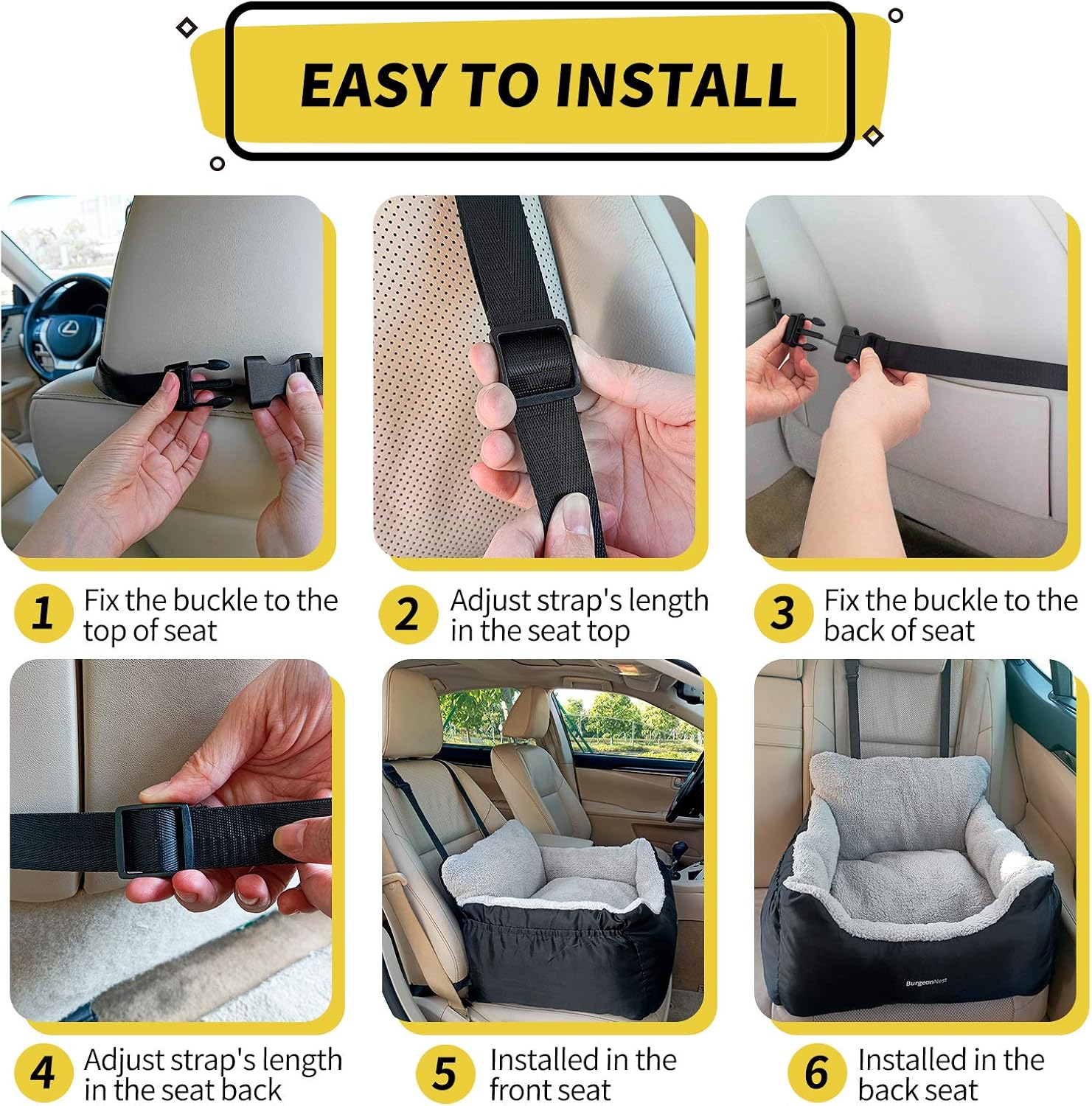 BurgeonNest Dog Car Seat for Small Dogs, Soft Pet Car Travel Home Bed Under 25 lbs, Fully Detachable and Washable Cat Booster Carseats with Storage Pockets and Clip-On Leash Portable Carrier,Black