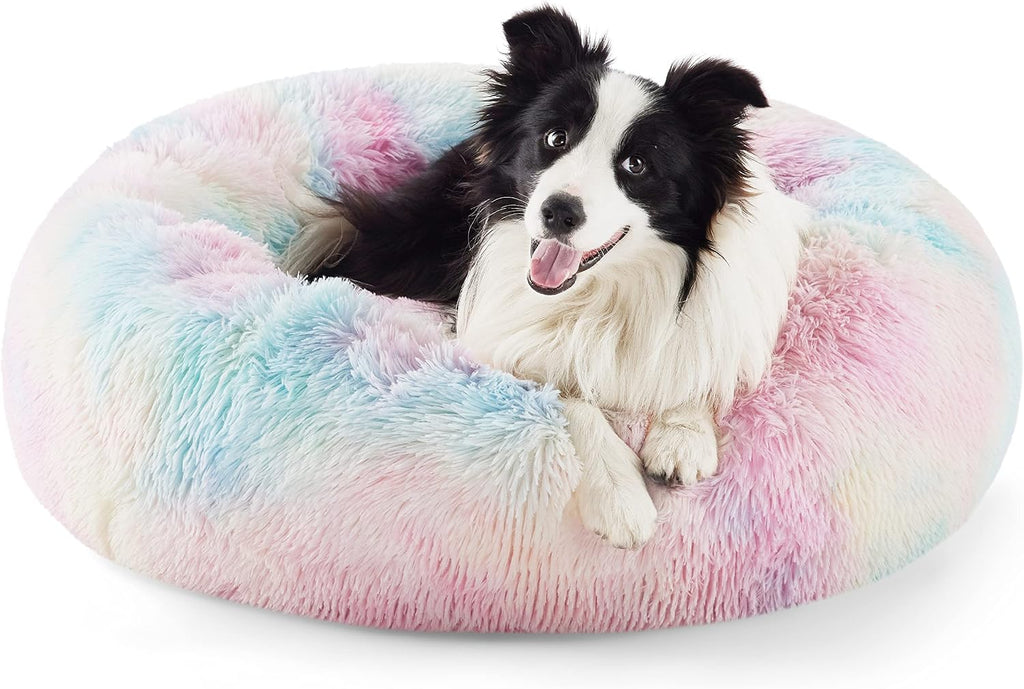 Bedsure Calming Dog Bed Medium Size Dog - Donut Washable Medium Pet Bed, 30 inches Anti-Slip Round Fluffy Plush Faux Fur Cat Bed, Fits up to 45 lbs Pets, Camel