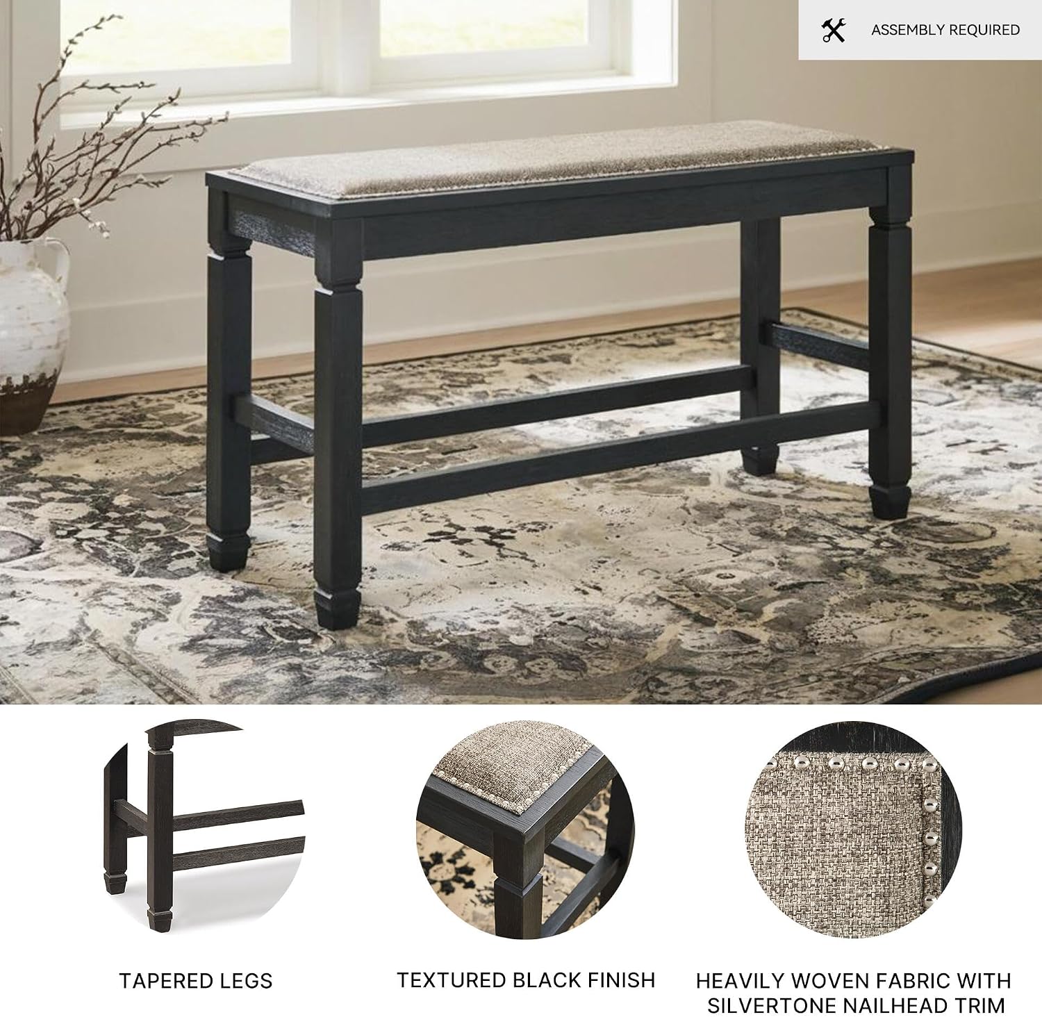 Signature Design by Ashley Tyler Creek Urban Farmhouse Counter Height Upholstered Dining Bench, Almost Black