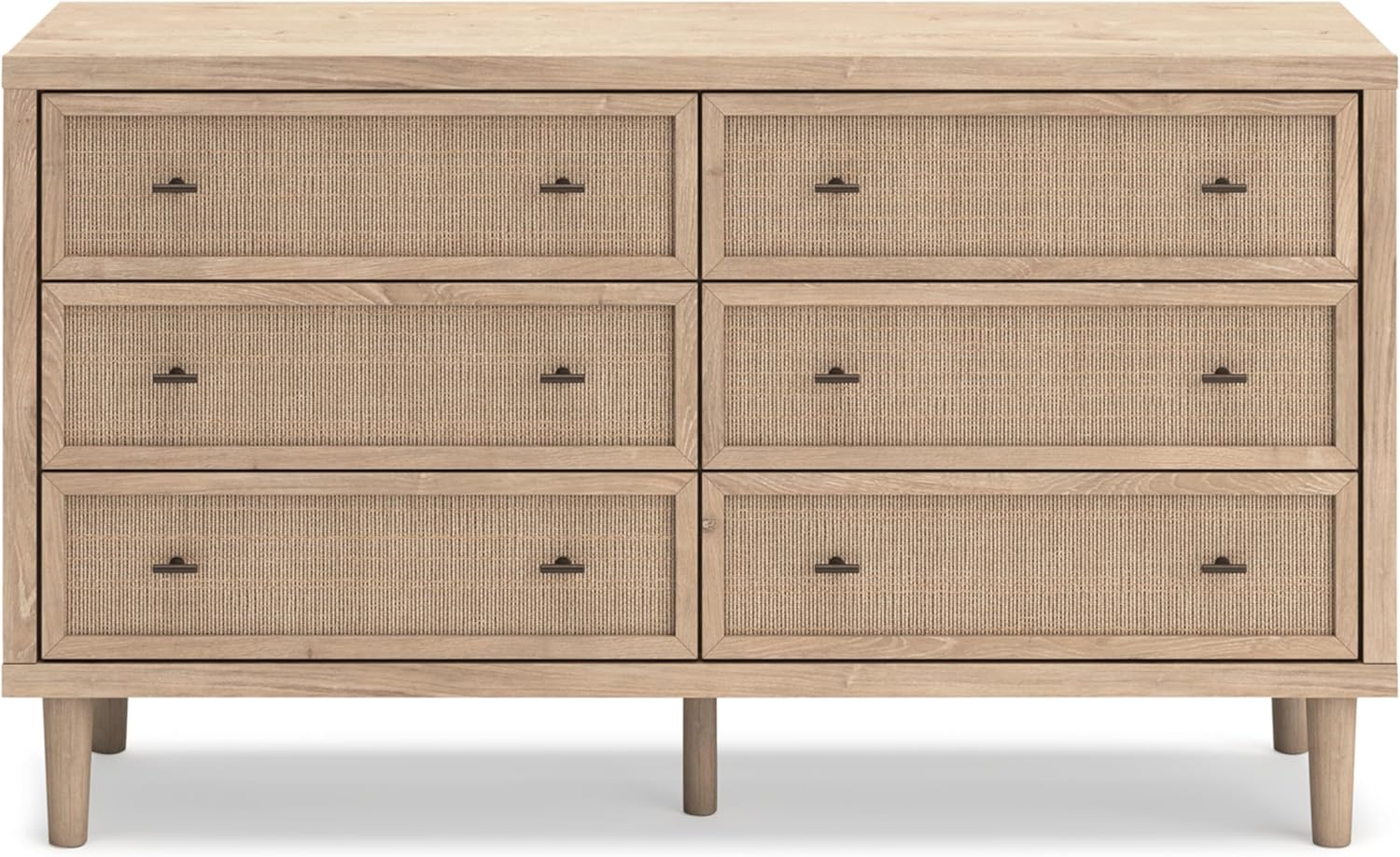 Signature Design by Ashley Cielden Coastal 6-Drawer Dresser, Bronze-Tone Knobs, Safety Stop, Textured Cane Details, 62.01" W x 19.65" D x 35.67" H, Light Brown