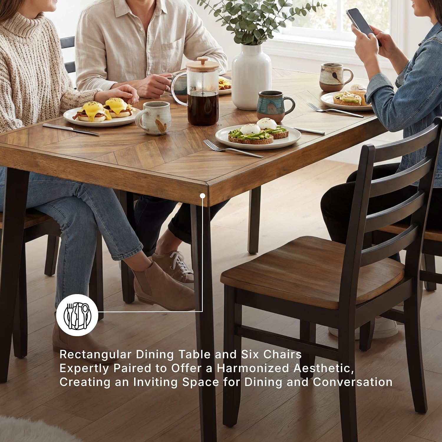 Signature Design by Ashley Blondon Rectangular Dining Room Table Set with 6 Chairs, Chevron Pattern, Tapered Legs, Seats 6, Wood, 60" Long, Brown & Black