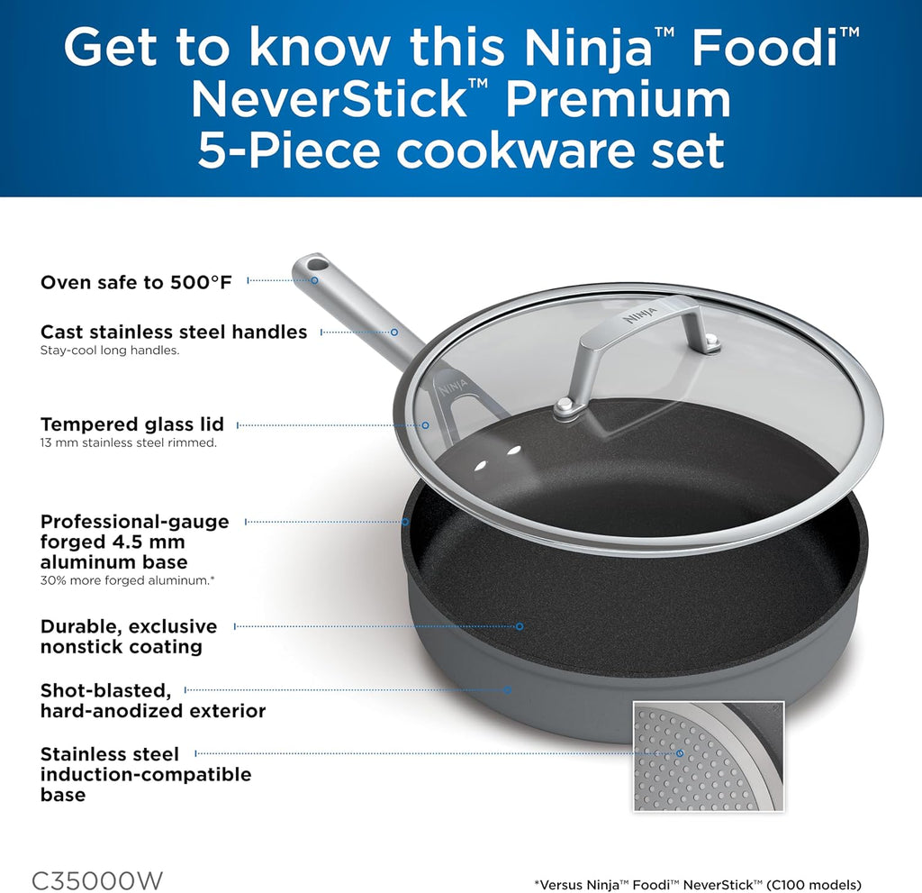 Ninja C35000W Foodi NeverStick Premium Hard-Anodized 5-Piece Cookware Set , Black