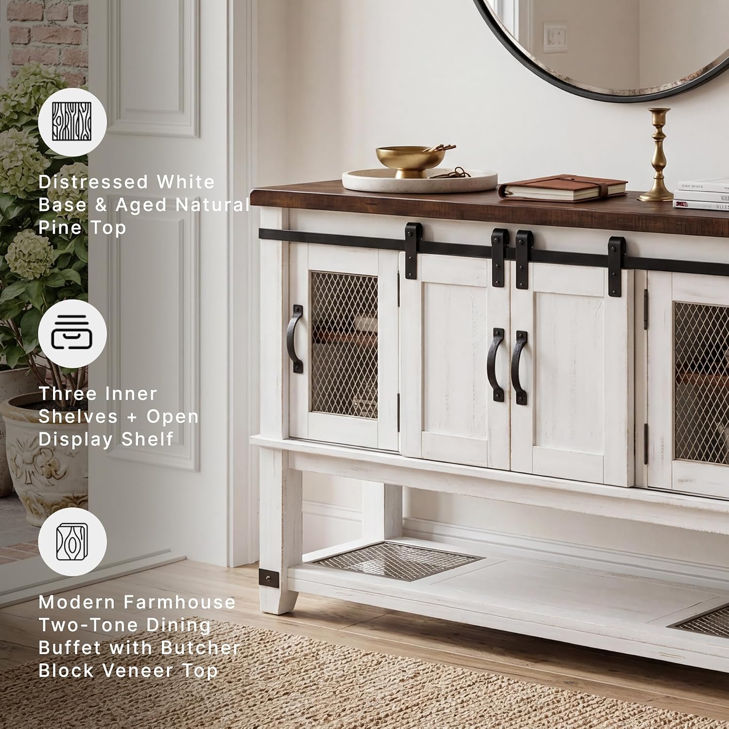 Signature Design by Ashley Valebeck Farmhouse Dining Room Server or Buffet Cabinet, White & Brown