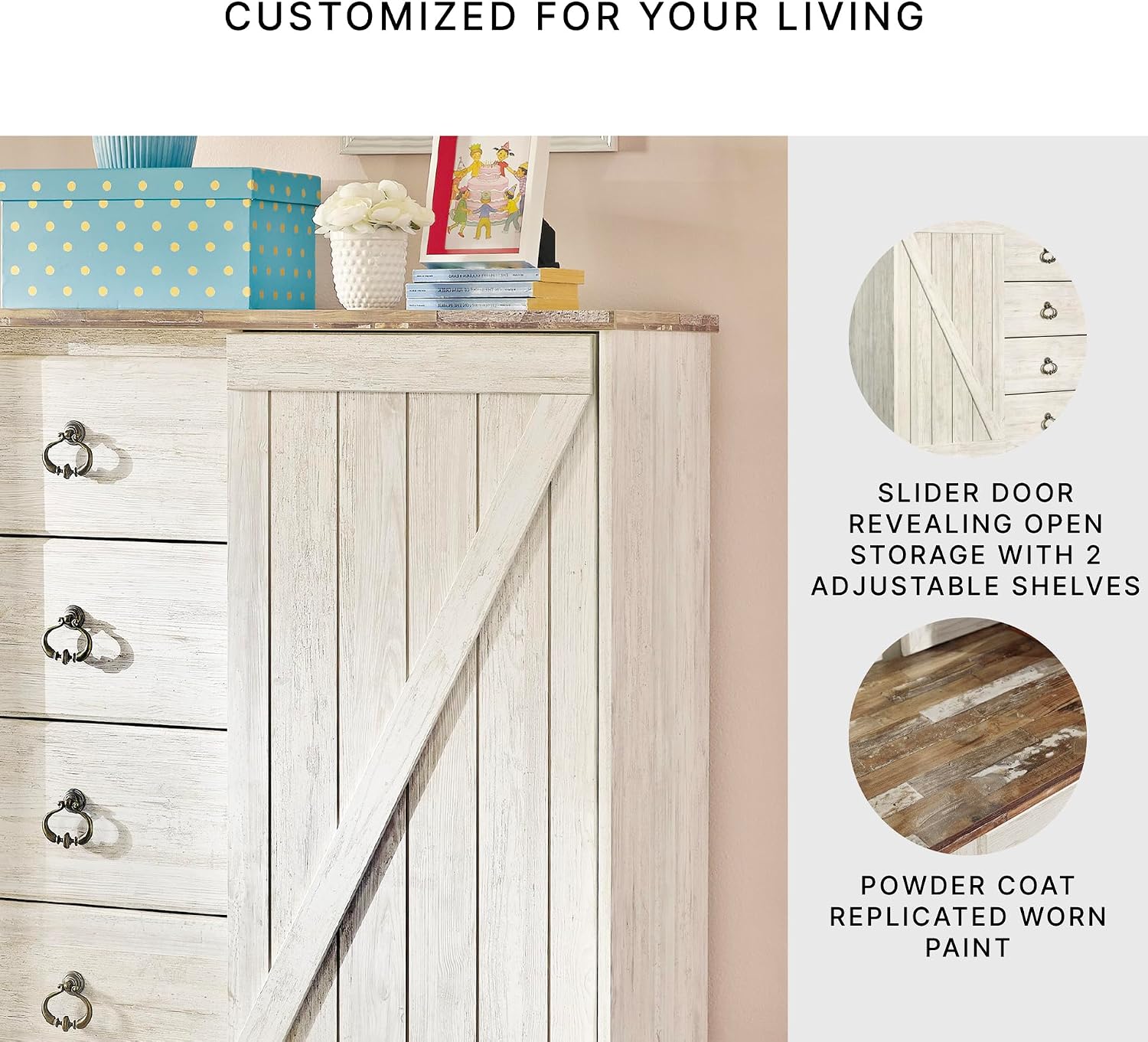Signature Design by Ashley Willowton Shabby Chic Dressing Chest with Faux Plank Top, Whitewash