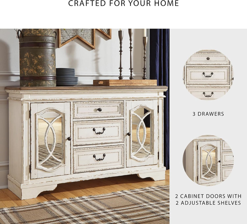 Signature Design by Ashley Realyn French Country Distressed Dining Room Server, 3 Drawers, 2 Cabinet Doors, Wood, 59" W x 17" D x 36.5" H, Chipped White