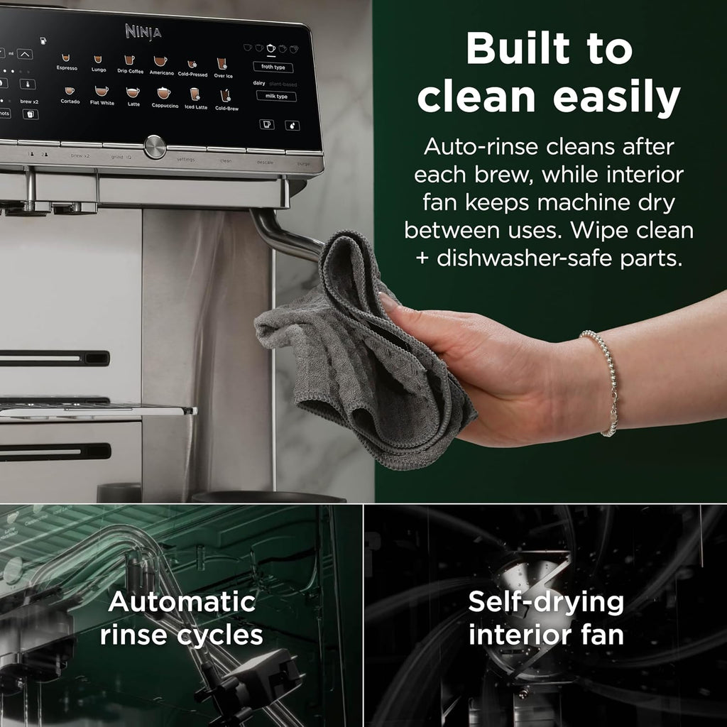 Ninja AutoBarista Fully Automatic Espresso Machine | 10 One Touch Hot & Iced Drink Options, Built-in Coffee Grinder, Milk Frother | Easy Self-Clean | Latte, Cappuccino, Cold Brew – AE1001