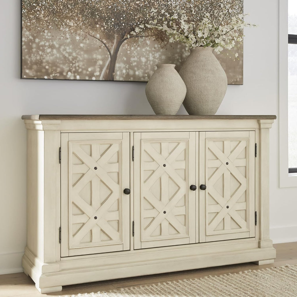 Signature Design by Ashley Bolanburg French Country Dining Room Server, 3 Doors, 2 Adjustable Shelves, Wood, 57.88" W x 18.13" D x 36" H, 2-tone White & Brown