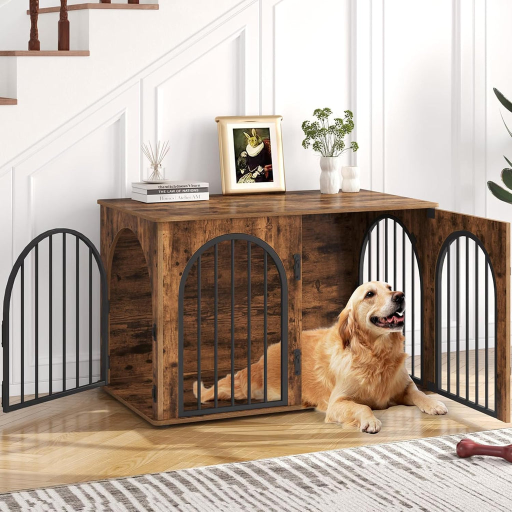 Hzuaneri 31.5'' Wooden Dog Crate Furniture, Indoor Dog Kennel Dogs Cage for Small/Medium Dogs, Heavy Duty Dog Crates Decorative Pet House End Side Table TV Stand, White Brown DFC85114B