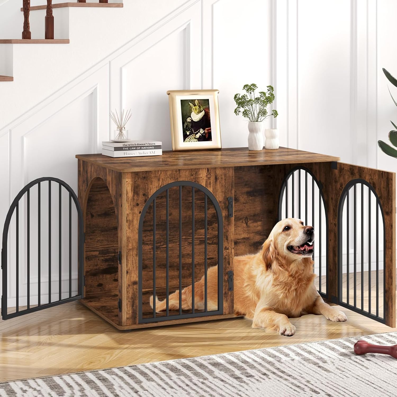 Hzuaneri 31.5'' Wooden Dog Crate Furniture, Indoor Dog Kennel Dogs Cage for Small/Medium Dogs, Heavy Duty Dog Crates Decorative Pet House End Side Table TV Stand, White Brown DFC85114B