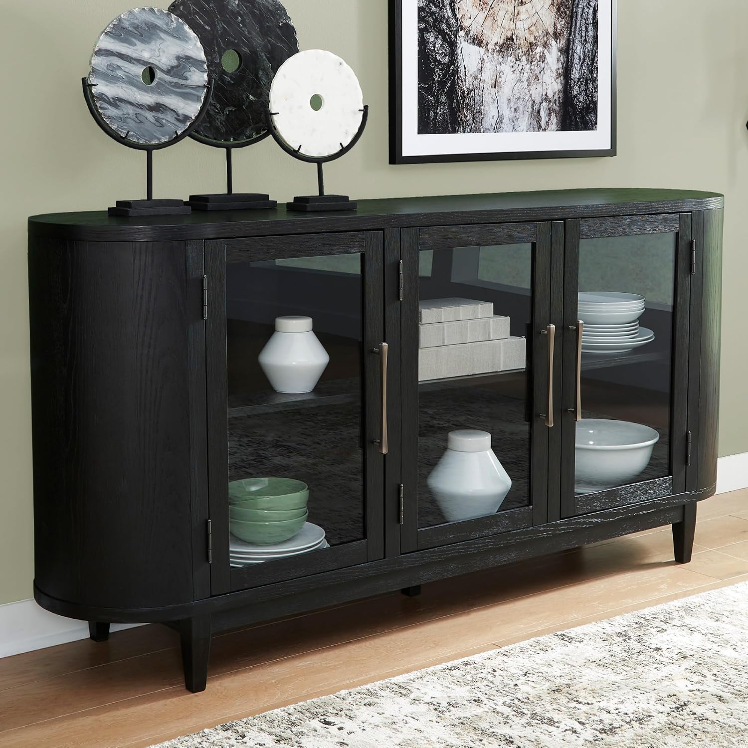 Signature Design by Ashley Rowanbeck Modern Glass Dining Server with 2 Adjustable Shelves and Tapered Legs, Black & Gray