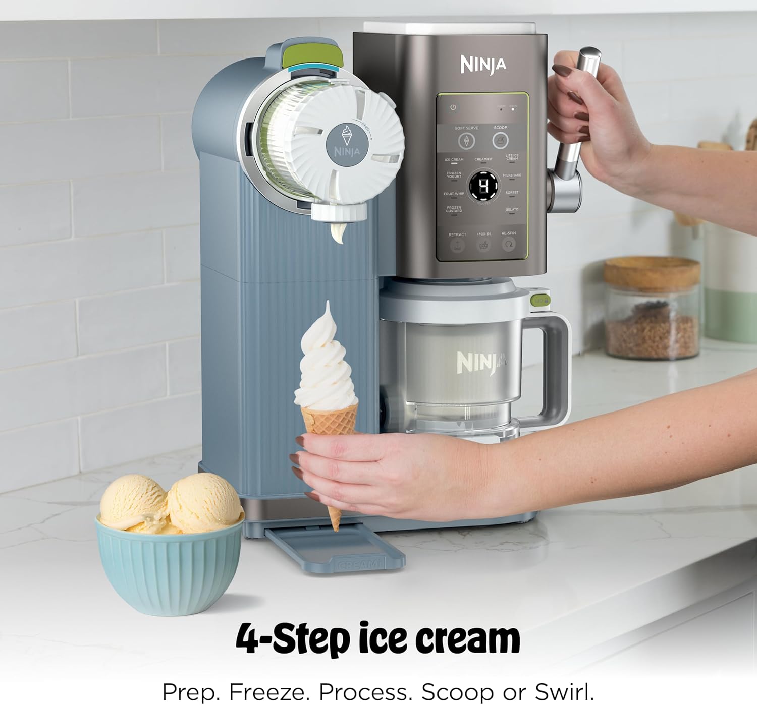 Ninja CREAMi Scoop & Swirl Ice Cream Maker, Soft Serve Desserts, Sorbet, Milkshakes, Frozen Yogurt and More, 13-in-1 Programs, Includes Handle and Two 16 oz 2-in-1 Pints, Blue, NC701ND