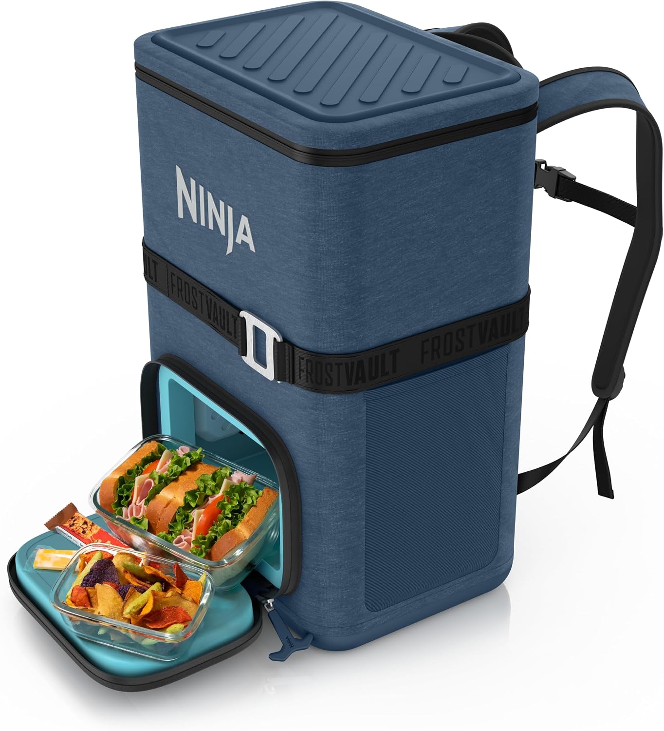 Ninja | Backpack Cooler | FrostVault Go 36 Can Soft Cooler | Leakproof Zipper with Built in Can Opener, 2 Ice Packs & Dry Storage Drawer | for Hiking, Camping & More | Lakeshore Blue | FF136NV