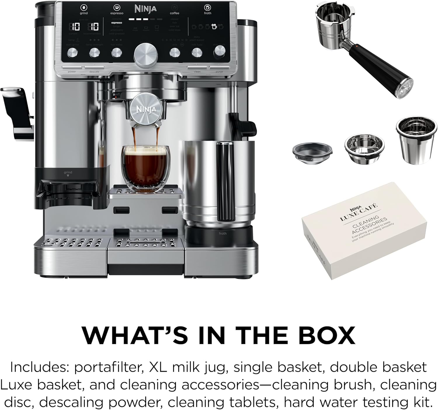 Ninja Luxe Café Pro Series, Espresso Machine, Drip Coffee, Cold Brew, Hot Water, Integrated Tamper, Built-in Grinder, Hands-Free Frother for Cappuccinos, Lattes, Americanos, Dairy or Non-Dairy, ES701