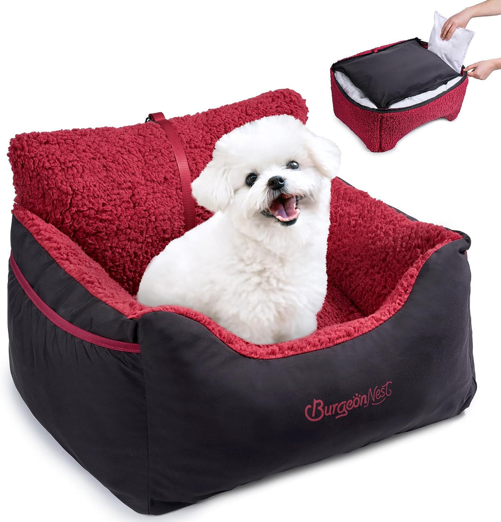 BurgeonNest Dog Car Seat for Small Dogs, Soft Pet Car Travel Home Bed Under 25 lbs, Fully Detachable and Washable Cat Booster Carseats with Storage Pockets and Clip-On Leash Portable Carrier,Black