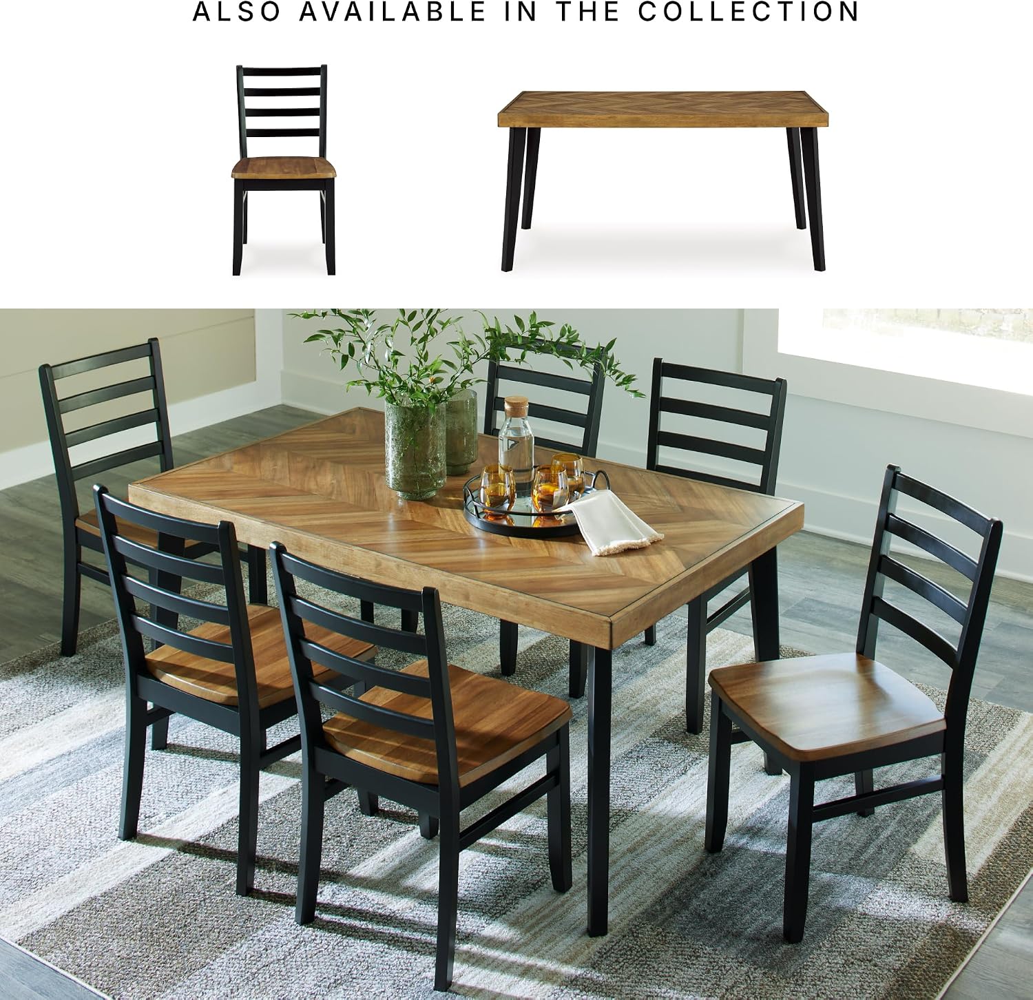 Signature Design by Ashley Blondon Rectangular Dining Room Table Set with 6 Chairs, Chevron Pattern, Tapered Legs, Seats 6, Wood, 60" Long, Brown & Black