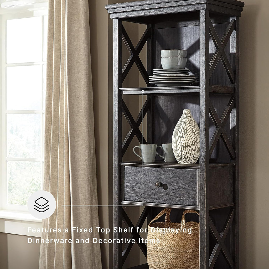Signature Design by Ashley Tyler Creek Casual Farmhouse 75" Display Cabinet or Bookcase with Drawers and Shelf, Open Lattice Sides, Wood, Gray Black Finish