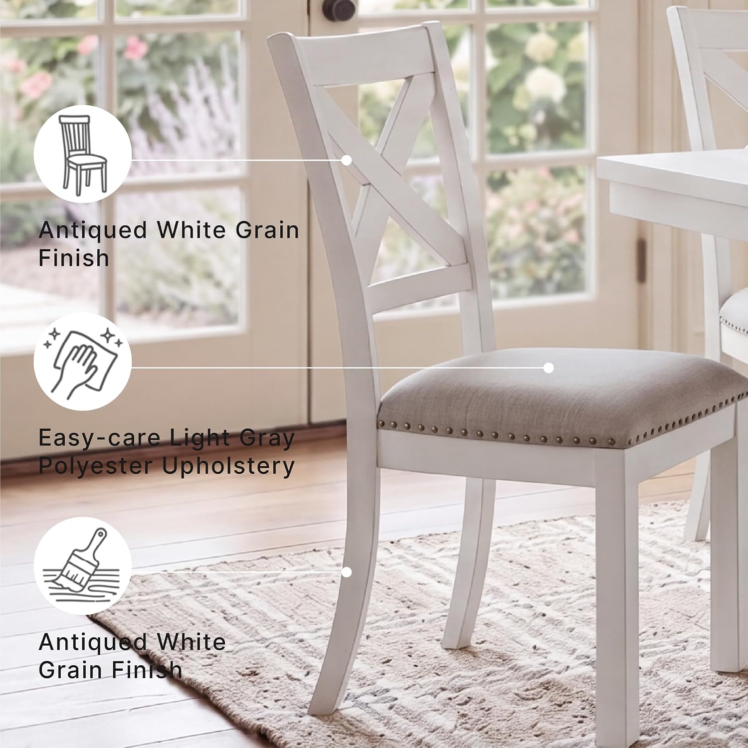 Signature Design by Ashley Robbinsdale Casual Upholstered Solid Wood Dining Chair with Nailhead Trim, Set of 2, White & Light Gray