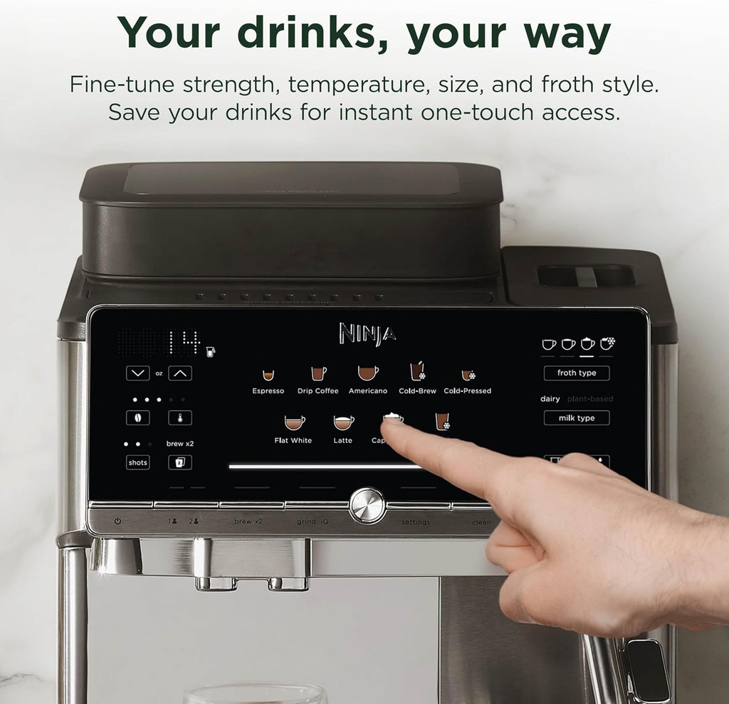 Ninja AutoBarista Fully Automatic Espresso Machine | 10 One Touch Hot & Iced Drink Options, Built-in Coffee Grinder, Milk Frother | Easy Self-Clean | Latte, Cappuccino, Cold Brew – AE1001