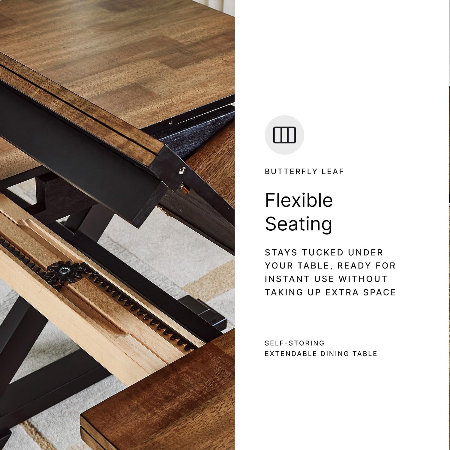 Signature Design by Ashley Wildenauer Dining Extension Table, 18" Self-Storing Butterfly Leaf, Hardwood Solids, Mango Veneer & MDF Substrate, Seats 6 to 8 for Kitchens, Black & Dark Brown, 78"