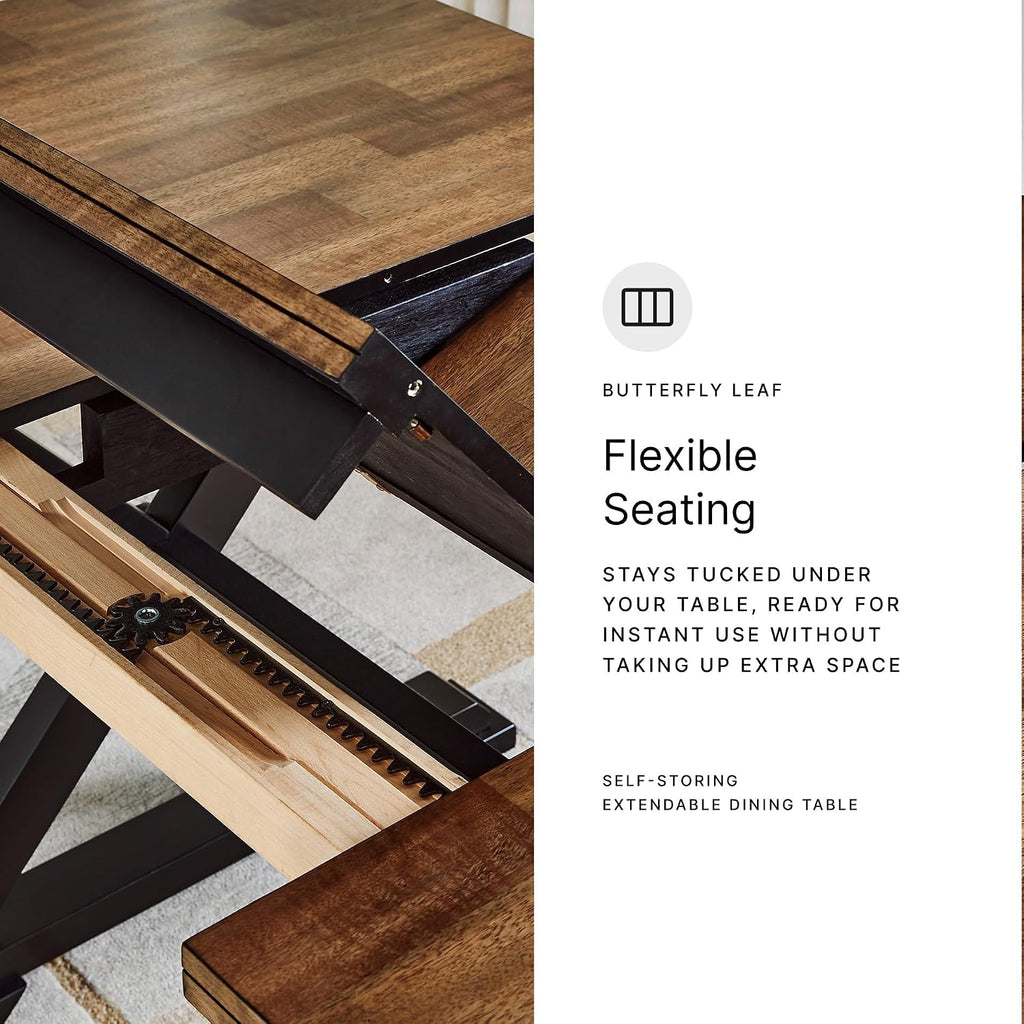 Signature Design by Ashley Wildenauer Dining Extension Table, 18" Self-Storing Butterfly Leaf, Hardwood Solids, Mango Veneer & MDF Substrate, Seats 6 to 8 for Kitchens, Black & Dark Brown, 78"
