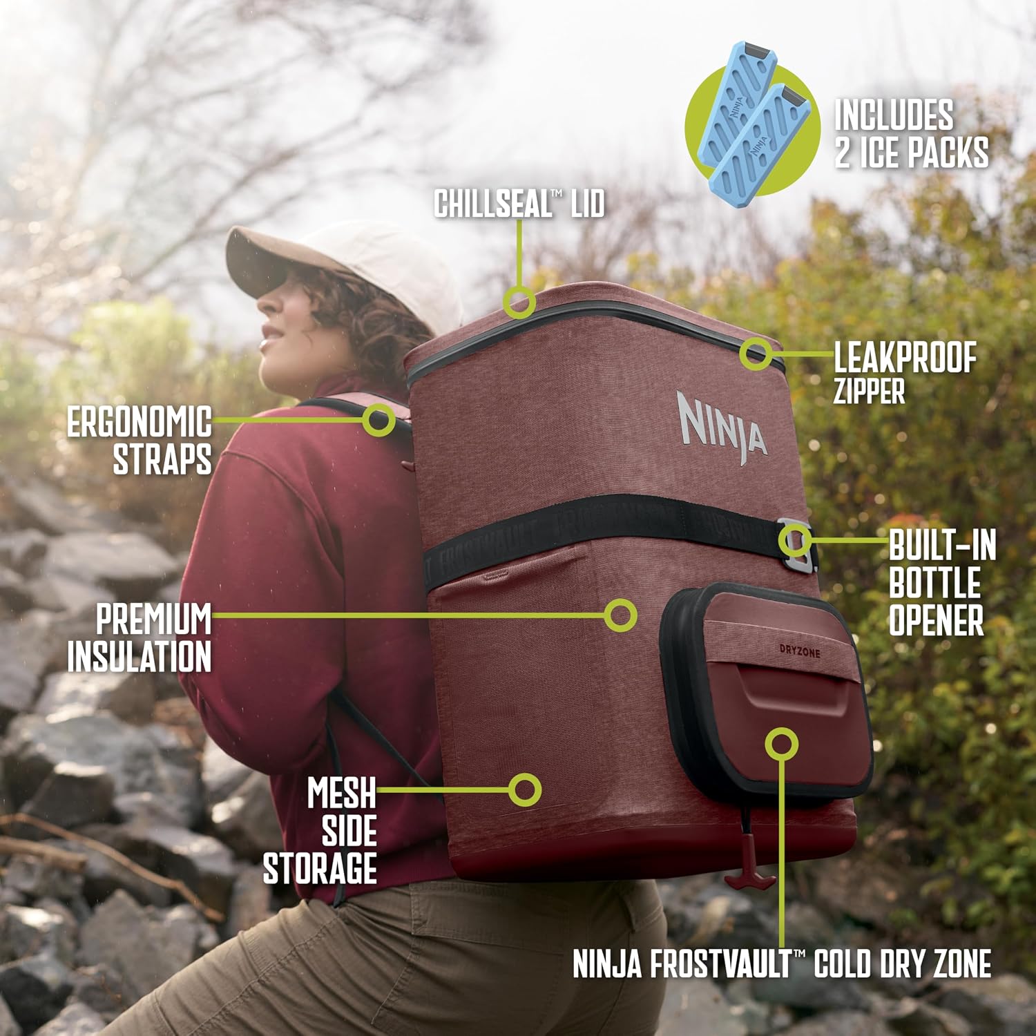 Ninja | Backpack Cooler | FrostVault Go 36 Can Soft Cooler | Leakproof Zipper with Built in Can Opener, 2 Ice Packs & Dry Storage Drawer | for Hiking, Camping & More | Canyon Red | FF136MR