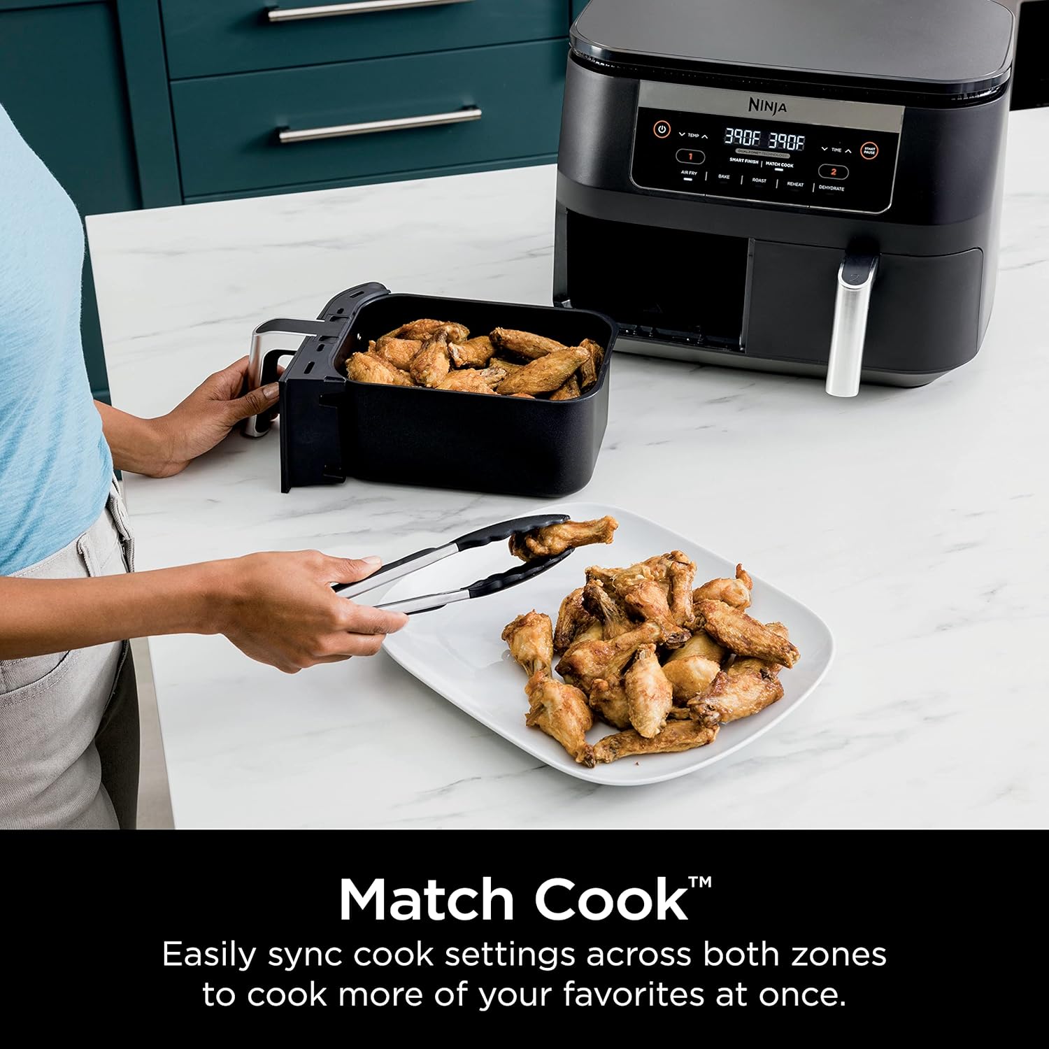Ninja DZ090 Foodi 6 Quart 5-in-1 DualZone 2-Basket Air Fryer with 2 Independent Frying Baskets, Match Cook & Smart Finish to Roast, Bake, Dehydrate & More for Quick Snacks & Small Meals, Black