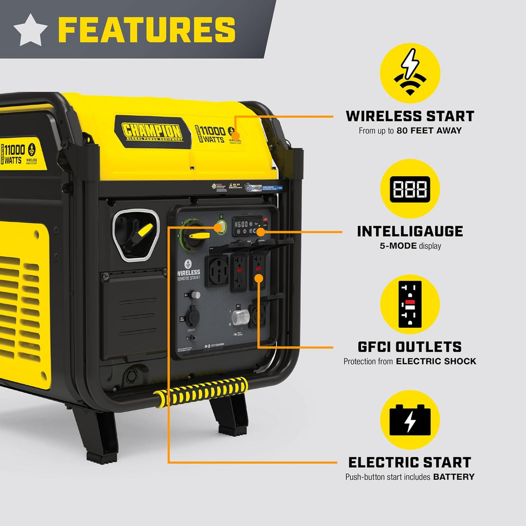 Champion Power Equipment 11,000-Watt Wireless Remote Start Home Backup Portable Inverter Generator with Quiet Technology and Free 3-Year Warranty