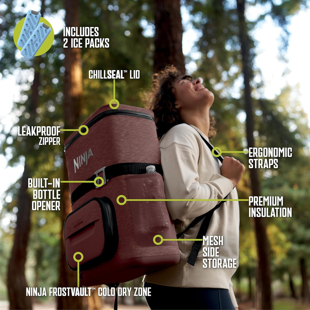 Ninja | Backpack Cooler | FrostVault Go 24 Can Soft Cooler | Leakproof Zipper with Built in Can Opener, 2 Ice Packs & Dry Storage Drawer | for Hiking, Camping & More | Canyon Red | FF124MR