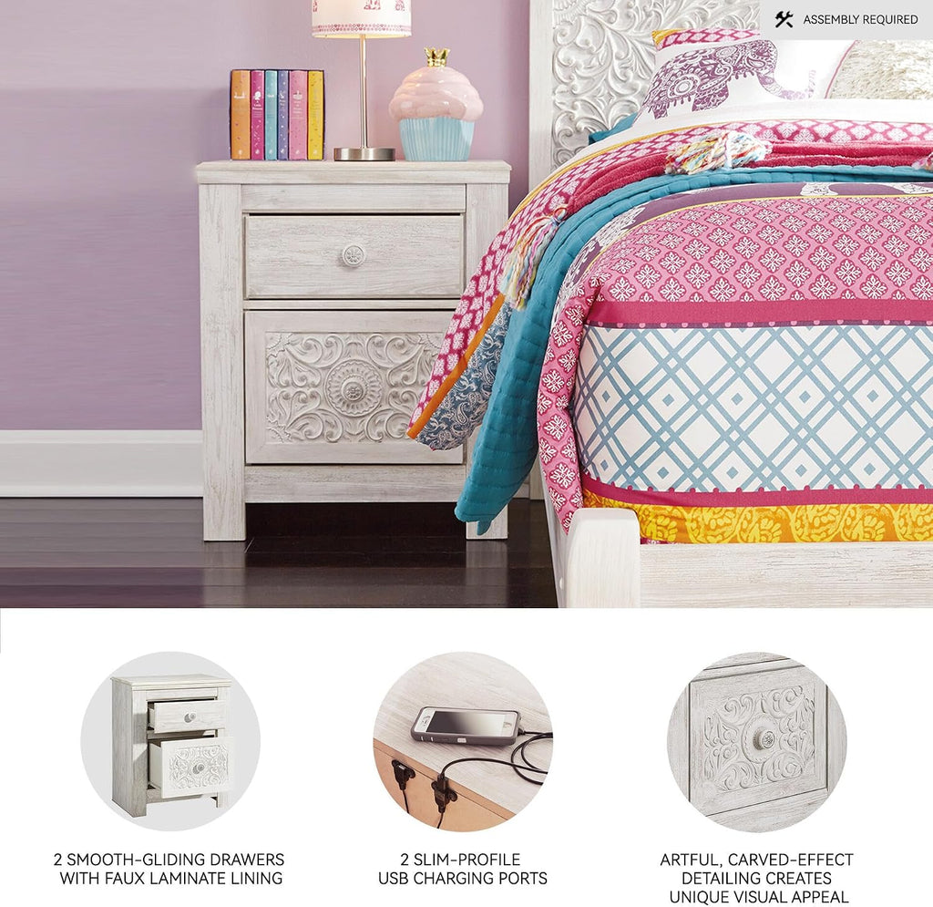 Signature Design by Ashley Paxberry Boho 2 Drawer Nightstand with 2 Slim-Profile USB Charging Ports, 29.21" Tall, Whitewash