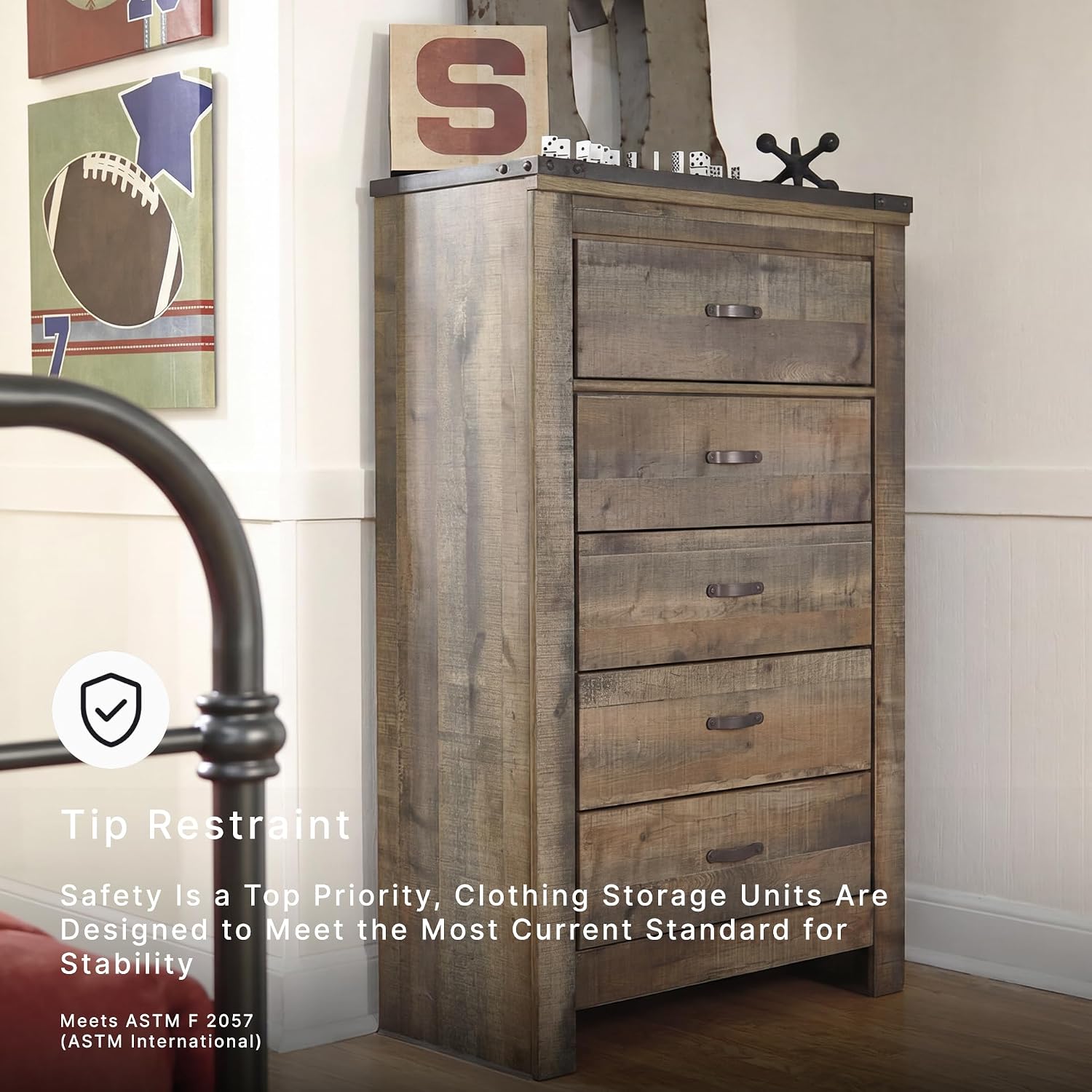 Signature Design by Ashley Trinell Rustic 5 Drawer Chest of Drawers with Nailhead Trim, Warm Brown