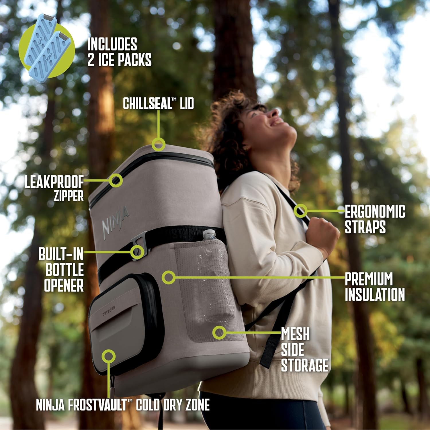 Ninja | Backpack Cooler | FrostVault Go 24 Can Soft Cooler | Leakproof Zipper with Built in Can Opener, 2 Ice Packs & Dry Storage Drawer | for Hiking, Camping & More | Birch Beige | FF124CS