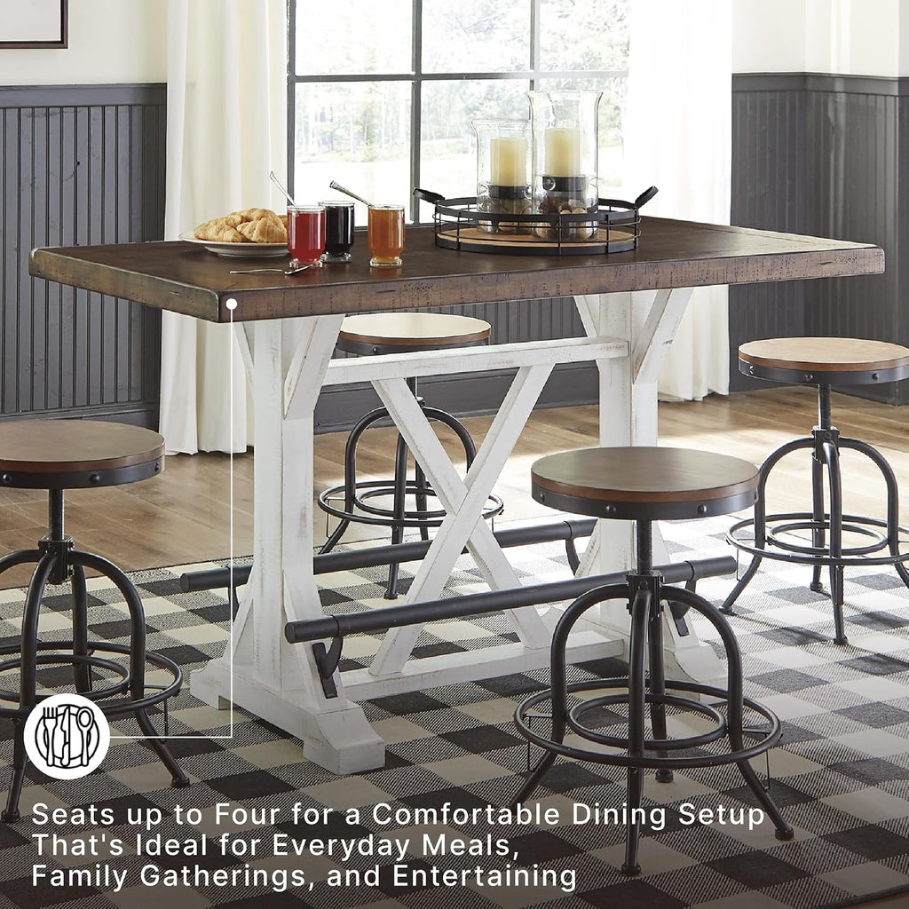 Signature Design by Ashley Valebeck Counter Height Dining Table, Rustic Farmhouse Design, Black Metal Footrest, Seats Up to 4, Great for Small Spaces, White
