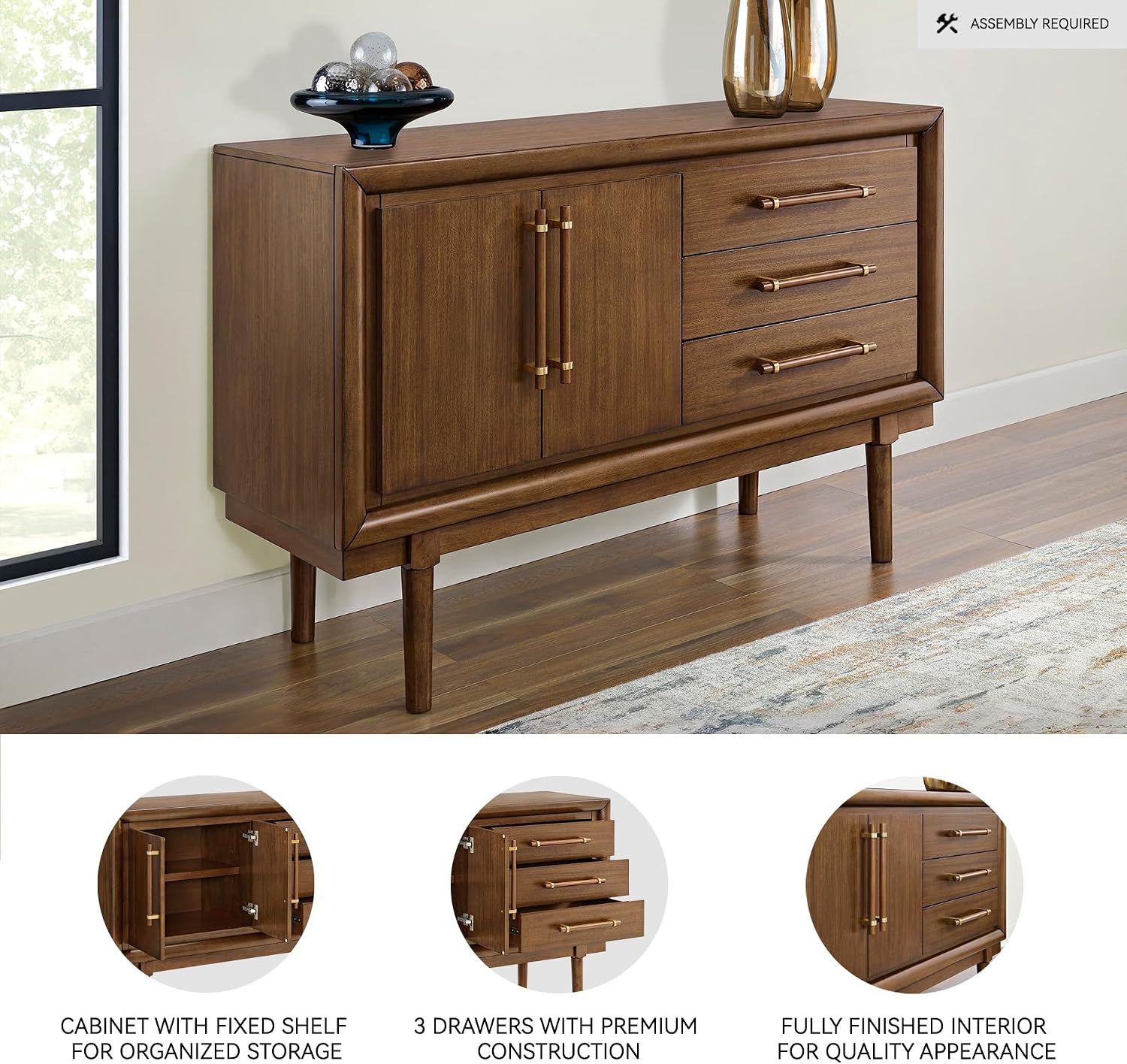 Signature Design by Ashley Lyncott Contemporary 2-Door Dining Server with Fixed Shelf and Felt-Lined Drawers, Light Brown