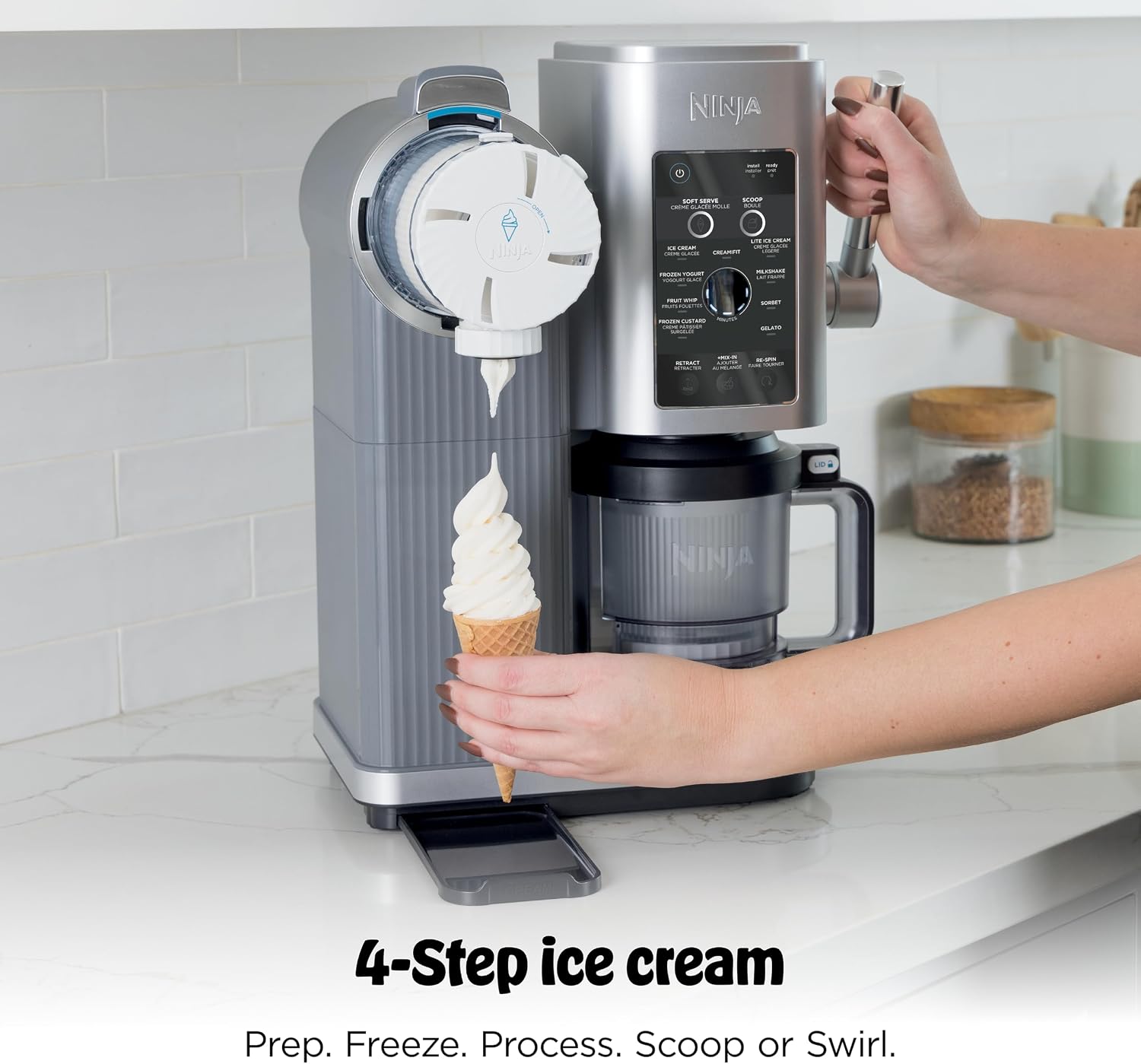 Ninja CREAMi Swirl Ice Cream and Soft Serve Maker, Sorbet, Milkshake, Frozen Yogurt, Low Calories Program & More, 13-in-1, Soft Serve Handle & (2) CREAMi Swirl 16oz Pints, For Kids & ALL ages, NC701C
