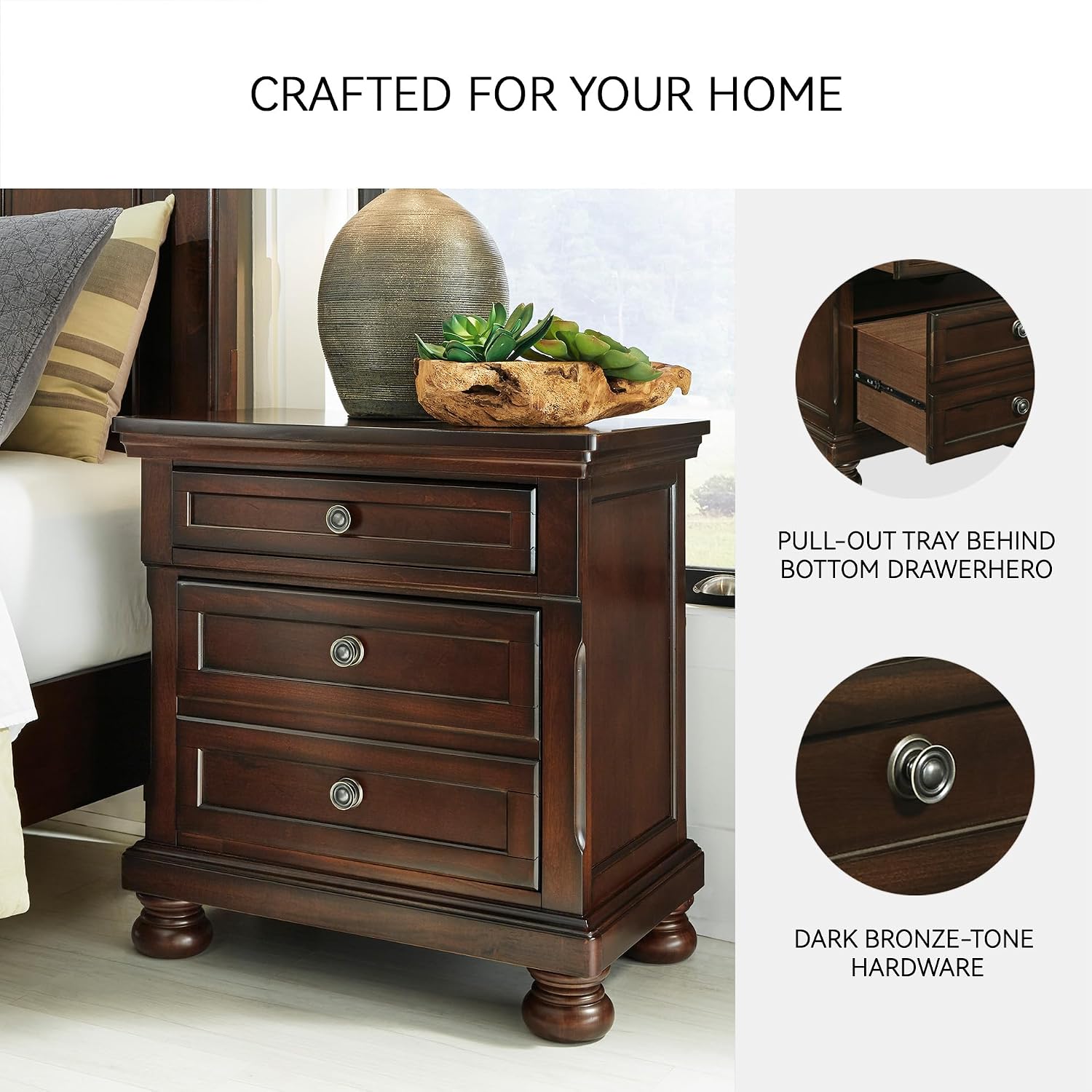 Signature Design by Ashley Porter Classic 2 Drawer Nightstand with Dovetail and Ball-bearing Construction, 29.88" Tall, Dark Brown