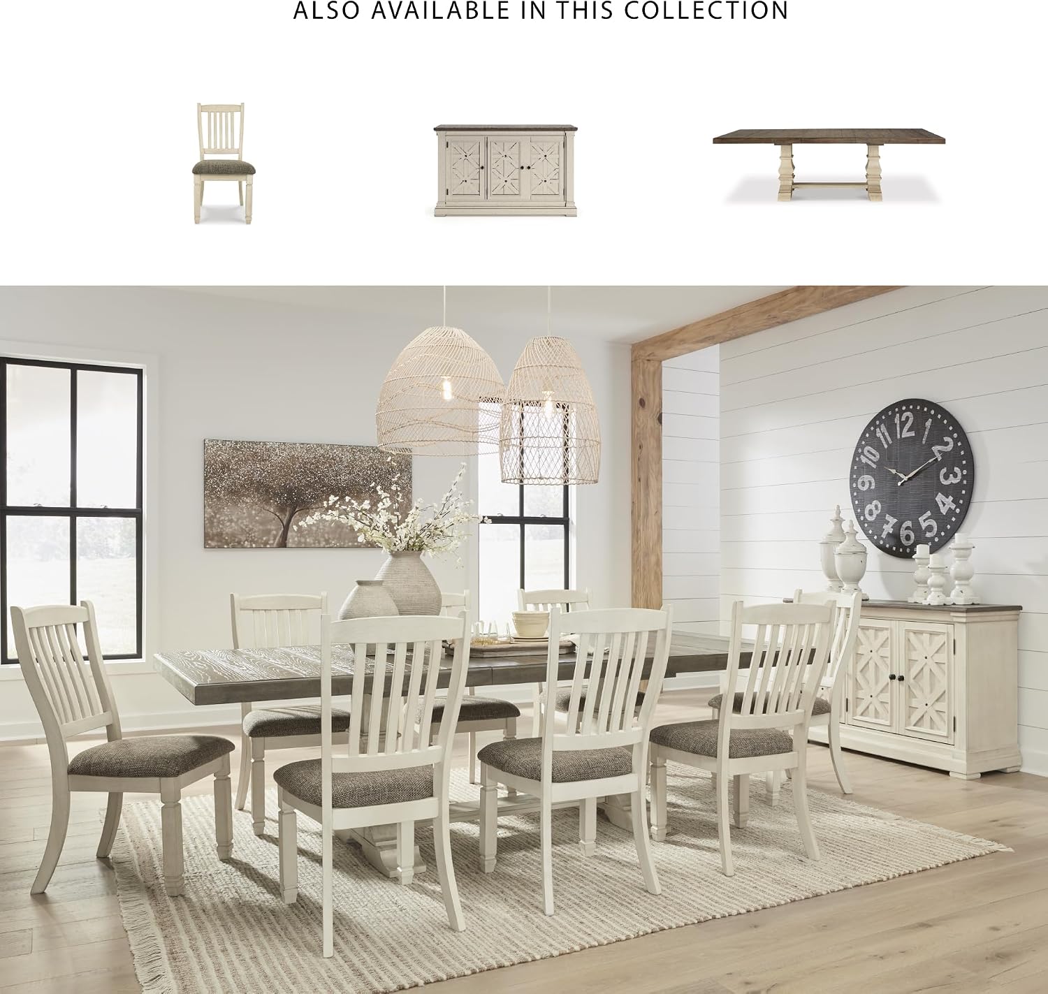 Signature Design by Ashley Bolanburg French Country Dining Room Server, 3 Doors, 2 Adjustable Shelves, Wood, 57.88" W x 18.13" D x 36" H, 2-tone White & Brown