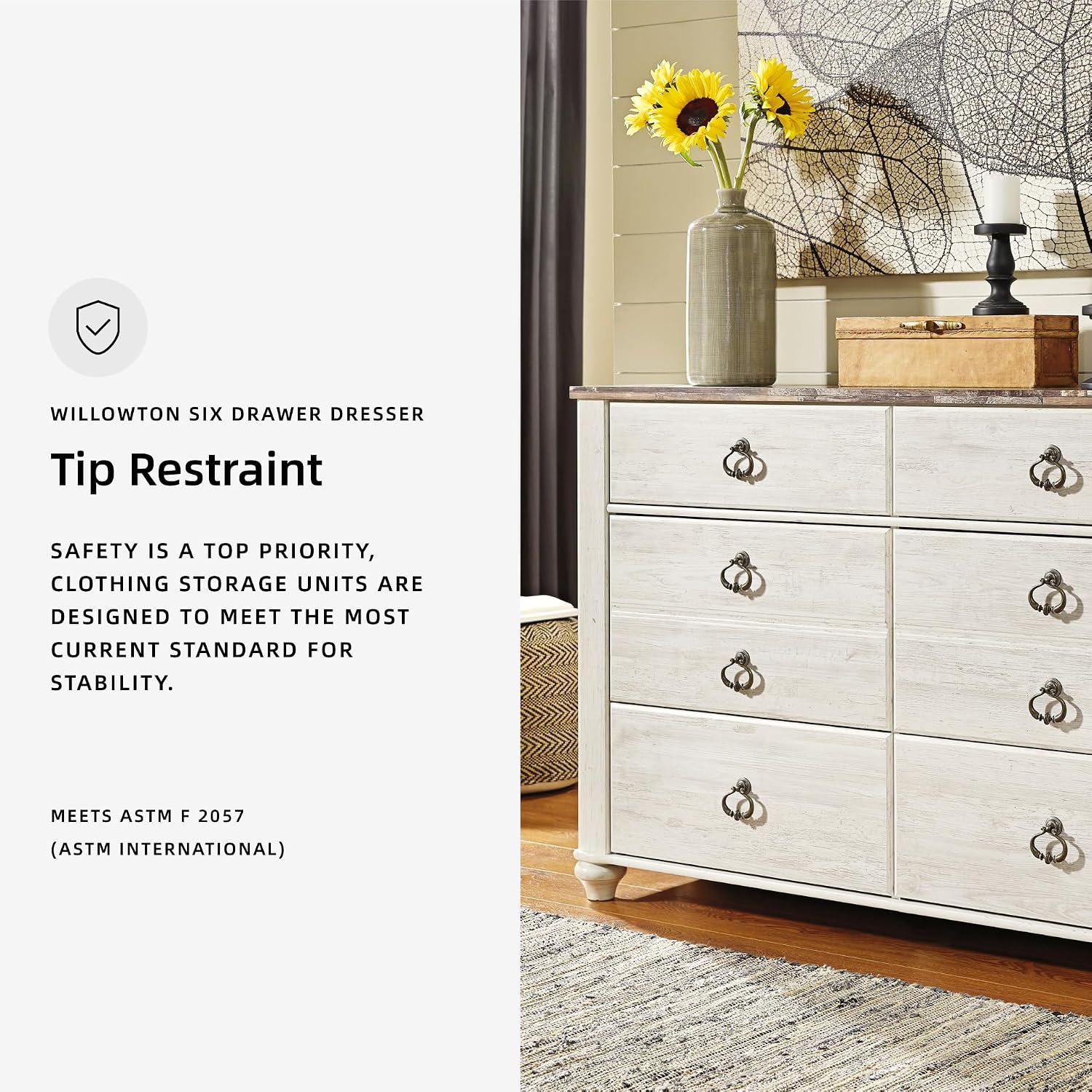 Signature Design by Ashley Willowton Coastal Cottage 6 Drawer Dresser with Faux Plank Top, Whitewash