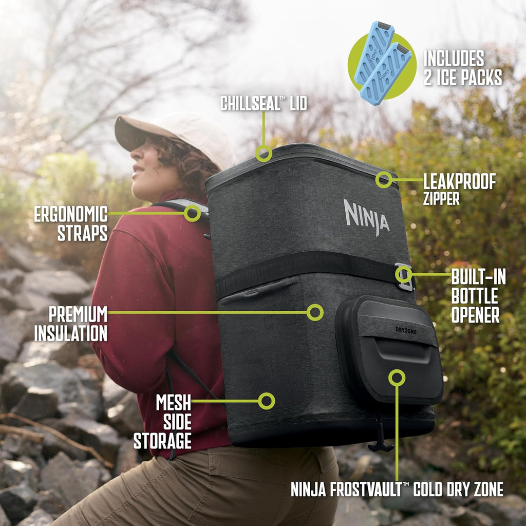 Ninja | Backpack Cooler | FrostVault Go 36 Can Soft Cooler | Leakproof Zipper with Built in Can Opener, 2 Ice Packs & Dry Storage Drawer | for Hiking, Camping & More |Charcoal Gray | FF136CG