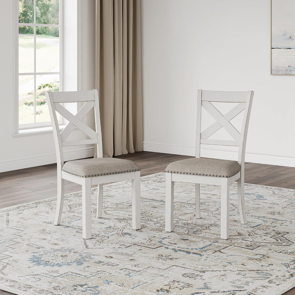 Signature Design by Ashley Robbinsdale Casual Upholstered Solid Wood Dining Chair with Nailhead Trim, Set of 2, White & Light Gray