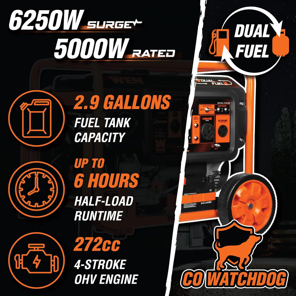 WEN DF623X 6250-Watt 120-Volt/240-Volt Dual Fuel Electric Start Portable Generator with Wheel Kit and CO Shutdown Sensor, Black