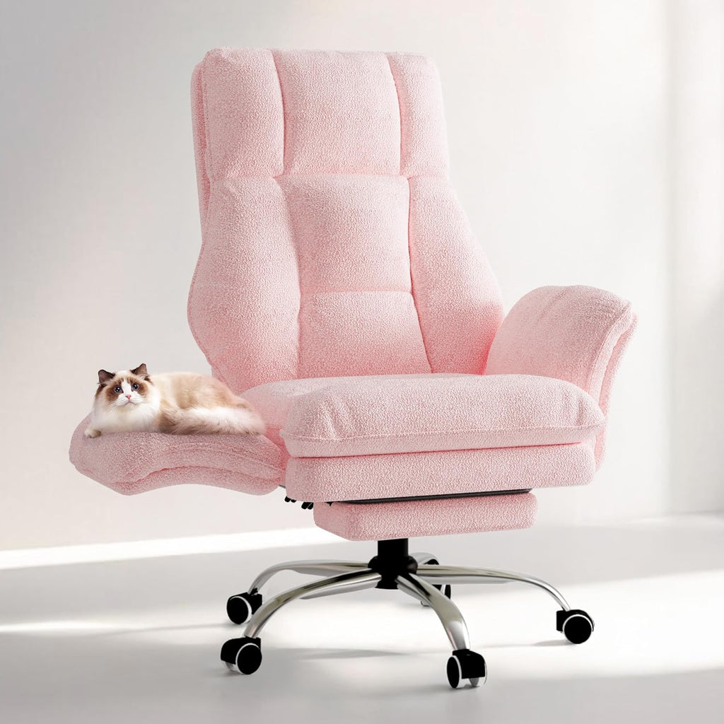 Big and Tall Office Chair, Flip Armrests for Pets & Cross Legged Sitting, Executive Ergonomic Computer Gaming Chair with Foot Rest, Teddy Fleece Wide Seat Reclining Desk Chair, White Vanity Chair