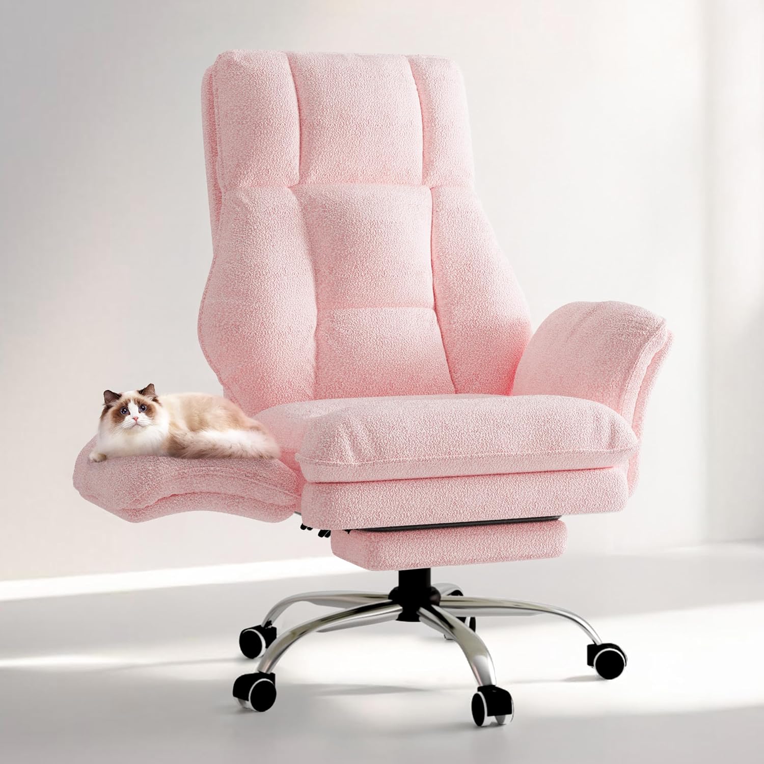 Big and Tall Office Chair, Flip Armrests for Pets & Cross Legged Sitting, Executive Ergonomic Computer Gaming Chair with Foot Rest, Teddy Fleece Wide Seat Reclining Desk Chair, White Vanity Chair