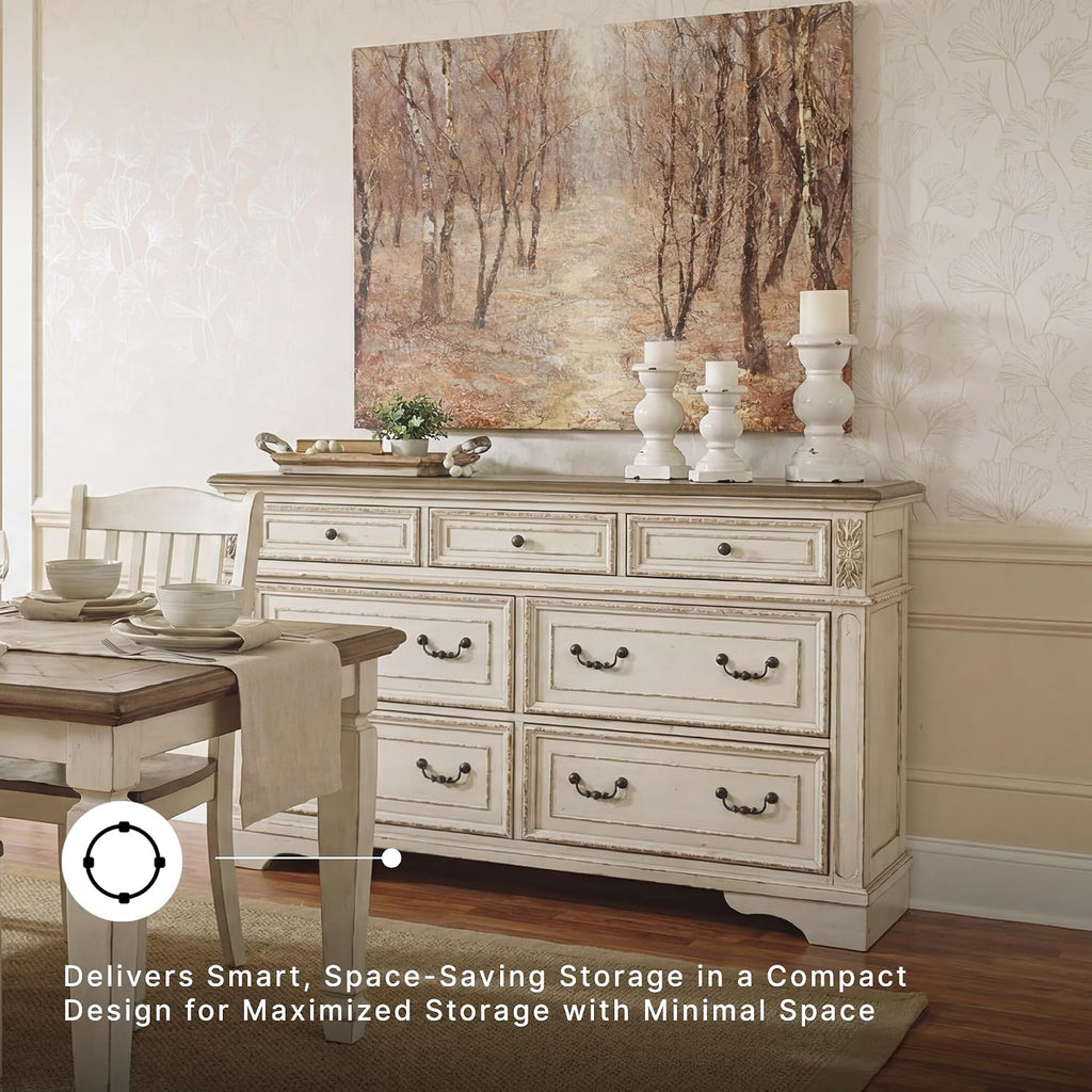 Signature Design by Ashley Realyn | French Country 7-Drawer Two-Tone Dresser – Fully Assembled, Decorative Corbels, Chipped White with Distressed Wood Top