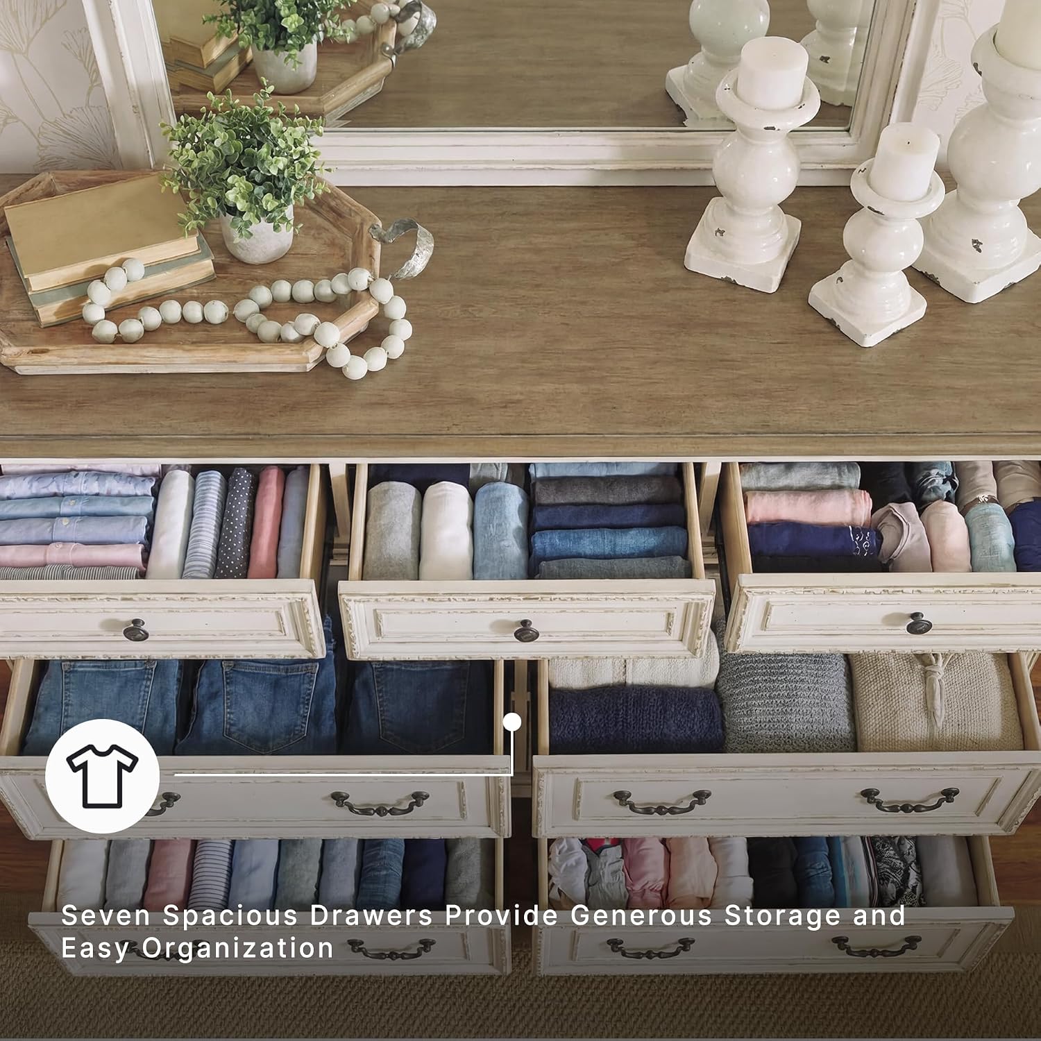 Signature Design by Ashley Realyn | French Country 7-Drawer Two-Tone Dresser – Fully Assembled, Decorative Corbels, Chipped White with Distressed Wood Top